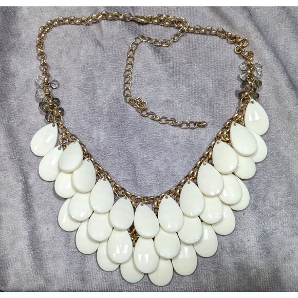 White Teardrop Bib Acrylic Beaded Statement Necklace With Glass Accents - Picture 6 of 6